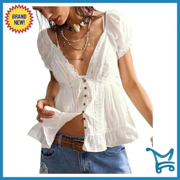 Boho Puff Sleeve Blouse Lace Trim Deep V Neck Button Down Shirt - Picture 2 of 6
